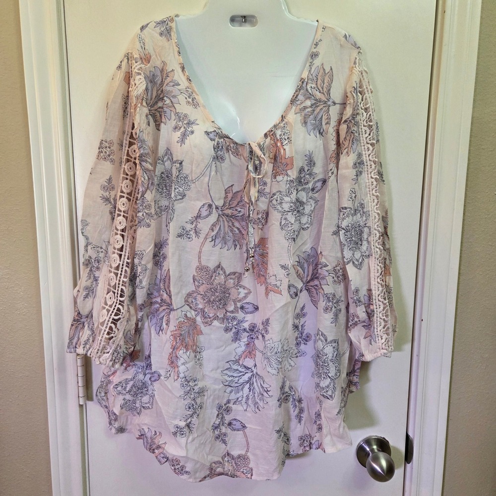 Unique Spectrum Floral Crochet Lace Sleeve V-Neck Tie Front Tunic Top Cream 2X